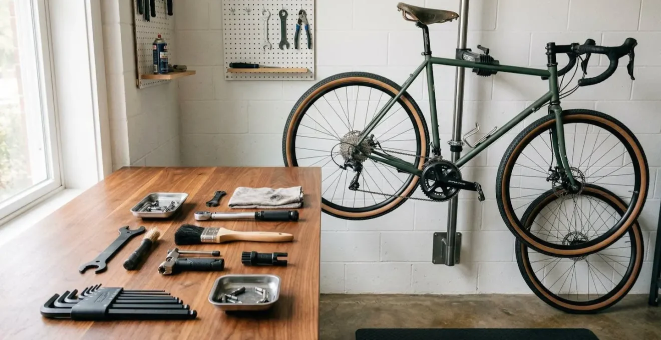 Atelier vélo domestique organisé avec outils mécaniques et vélo suspendu pour entretien autonome