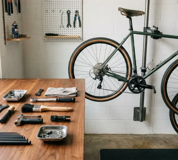 Atelier vélo domestique organisé avec outils mécaniques et vélo suspendu pour entretien autonome