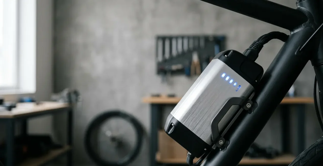 Batterie de vélo électrique avec indicateur de charge, symbolisant l'entretien et la durée de vie optimale