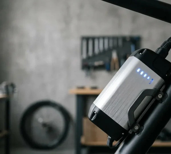 Batterie de vélo électrique avec indicateur de charge, symbolisant l'entretien et la durée de vie optimale