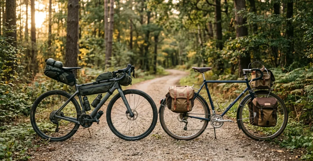Comparaison entre la bagagerie bikepacking compacte et le cyclotourisme traditionnel avec sacoches pour le voyage à vélo
