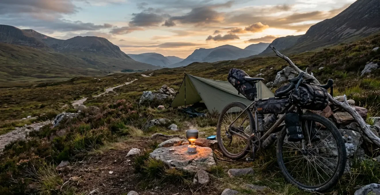 Campement de bivouac à vélo dans un environnement naturel sauvage au crépuscule