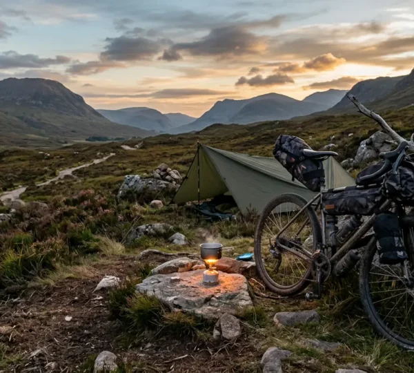 Campement de bivouac à vélo dans un environnement naturel sauvage au crépuscule