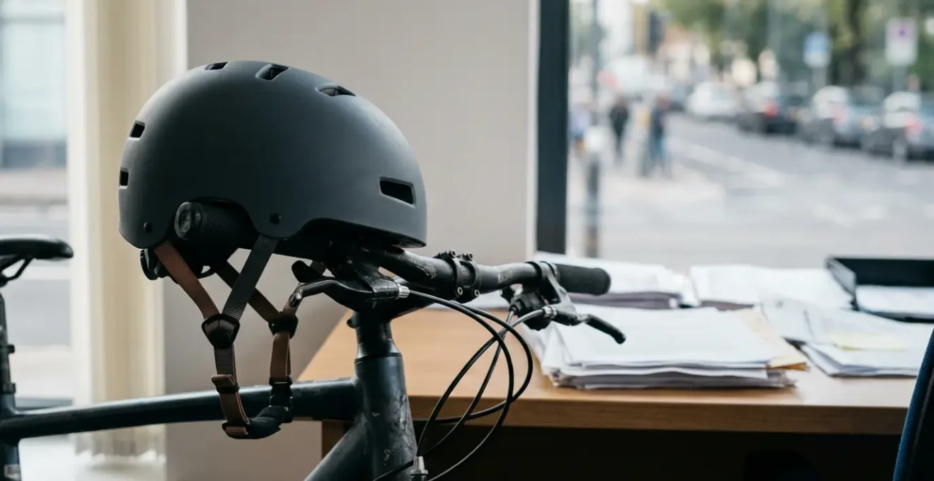 Casque de vélo posé sur un guidon avec documents juridiques en arrière-plan illustrant le débat sur l'obligation légale