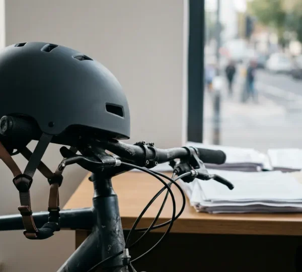Casque de vélo posé sur un guidon avec documents juridiques en arrière-plan illustrant le débat sur l'obligation légale