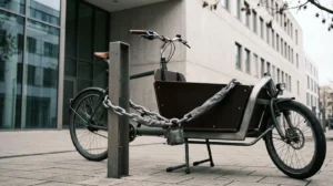 Vélo cargo sécurisé avec chaîne antivol professionnelle attaché à un point fixe en milieu urbain
