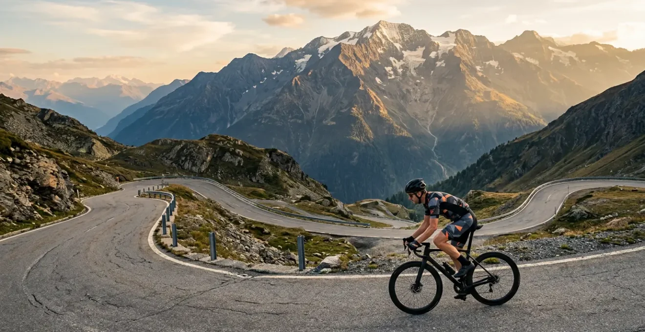 Cycliste en plein effort lors d'une ascension alpine sur l'Étape du Tour