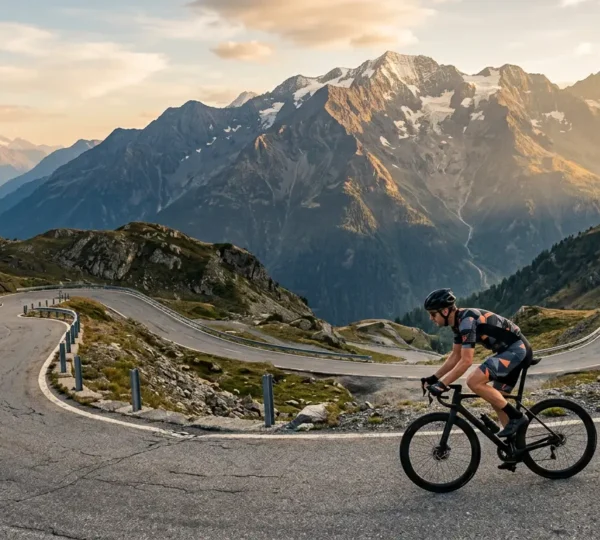 Cycliste en plein effort lors d'une ascension alpine sur l'Étape du Tour