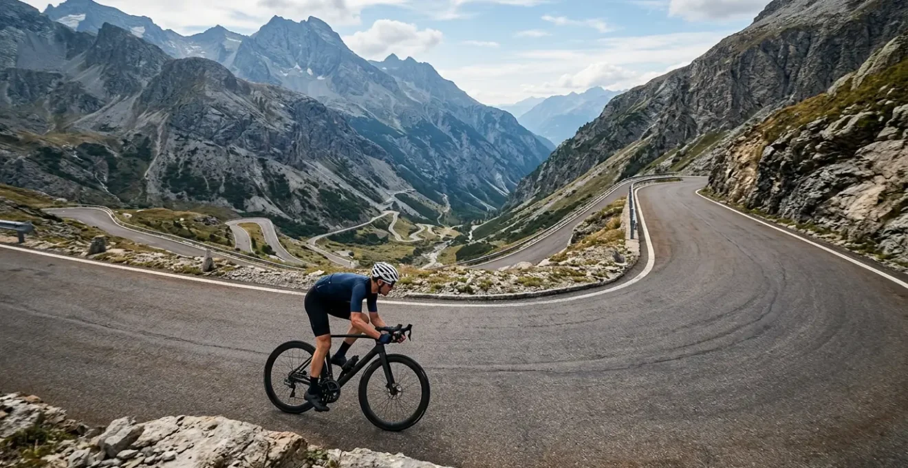 Cycliste en position de sécurité lors d'une descente en pente raide
