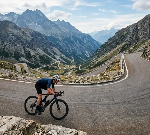 Cycliste en position de sécurité lors d'une descente en pente raide