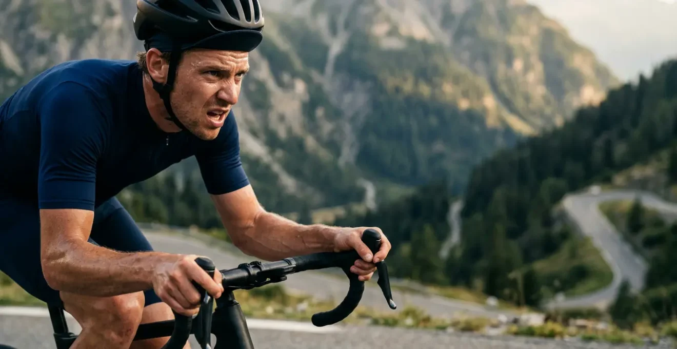 Cycliste en effort intense lors d'une montée exigeante illustrant la performance physique