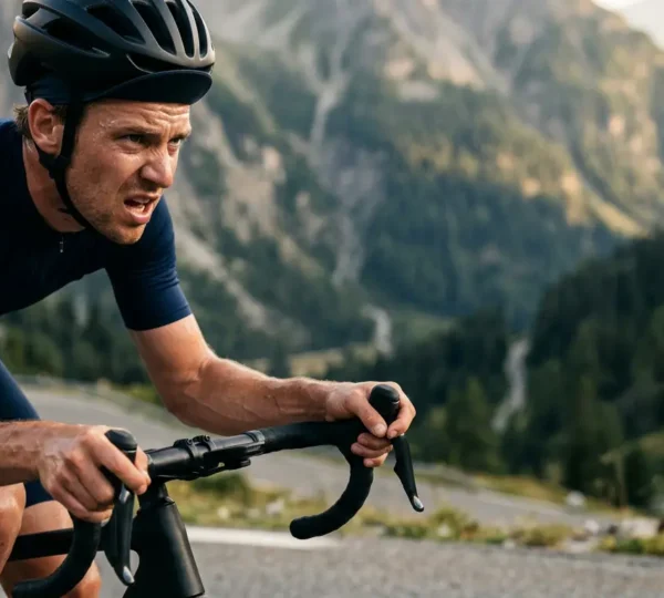 Cycliste en effort intense lors d'une montée exigeante illustrant la performance physique