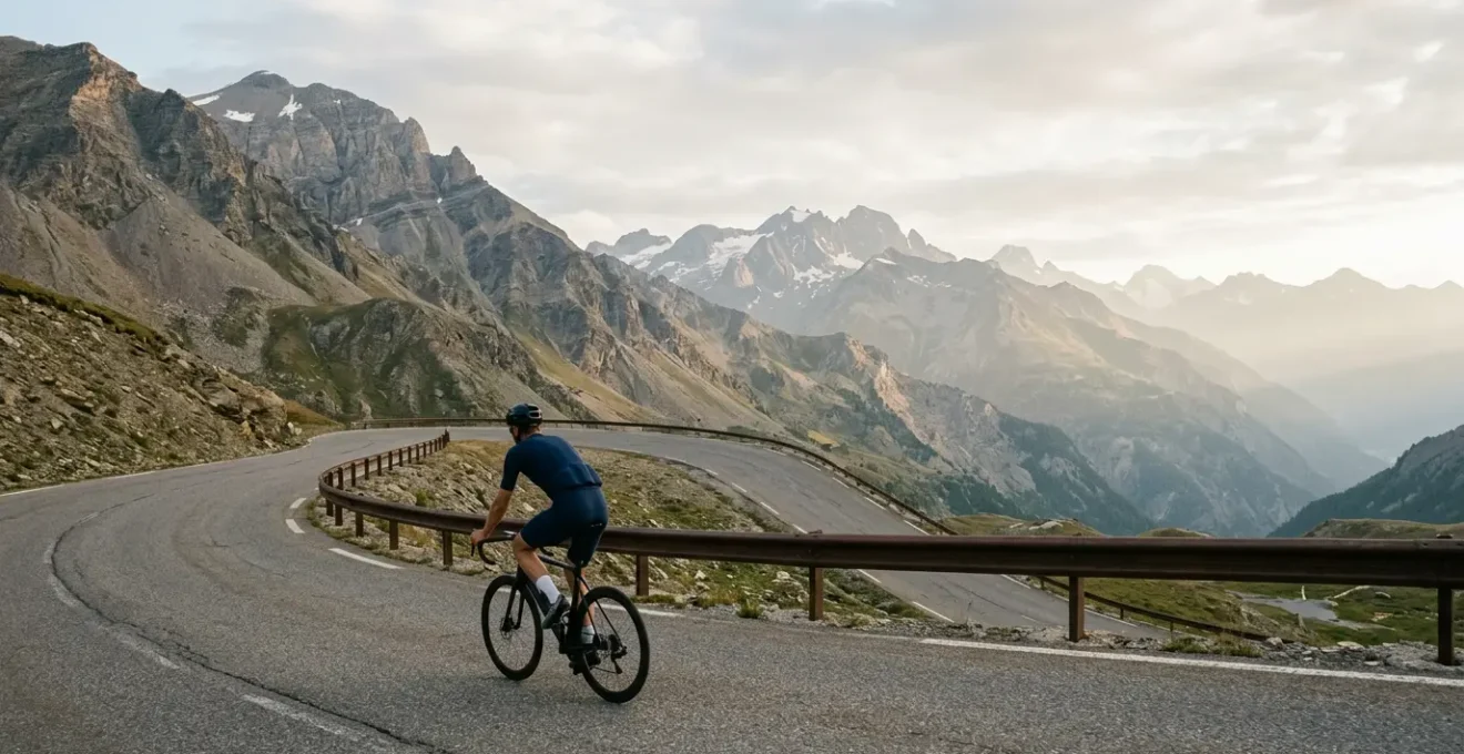 Cycliste en effort sur une route de montagne lors d'une sortie longue distance