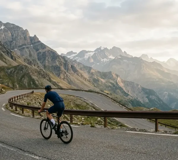 Cycliste en effort sur une route de montagne lors d'une sortie longue distance