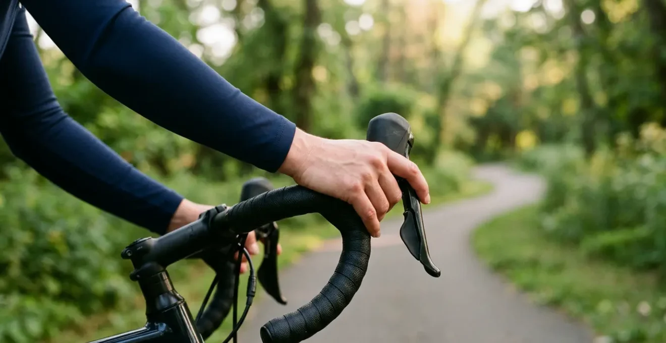 Cycliste en position optimale sur son velo avec mains correctement placees sur des poignees ergonomiques