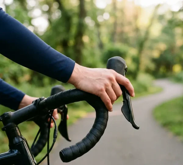 Cycliste en position optimale sur son velo avec mains correctement placees sur des poignees ergonomiques