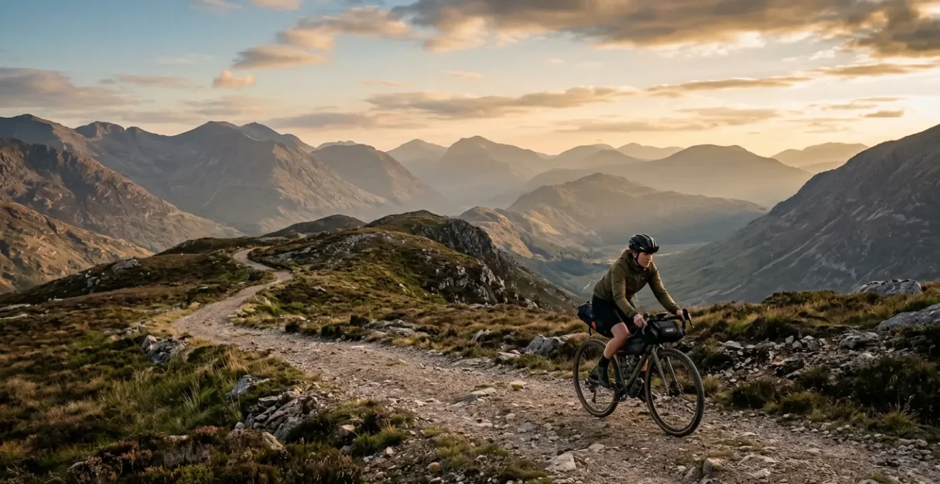 Cycliste en autonomie explorant un sentier de montagne sauvage avec équipement GPS et carte