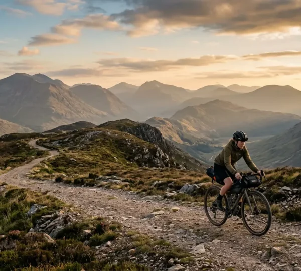 Cycliste en autonomie explorant un sentier de montagne sauvage avec équipement GPS et carte