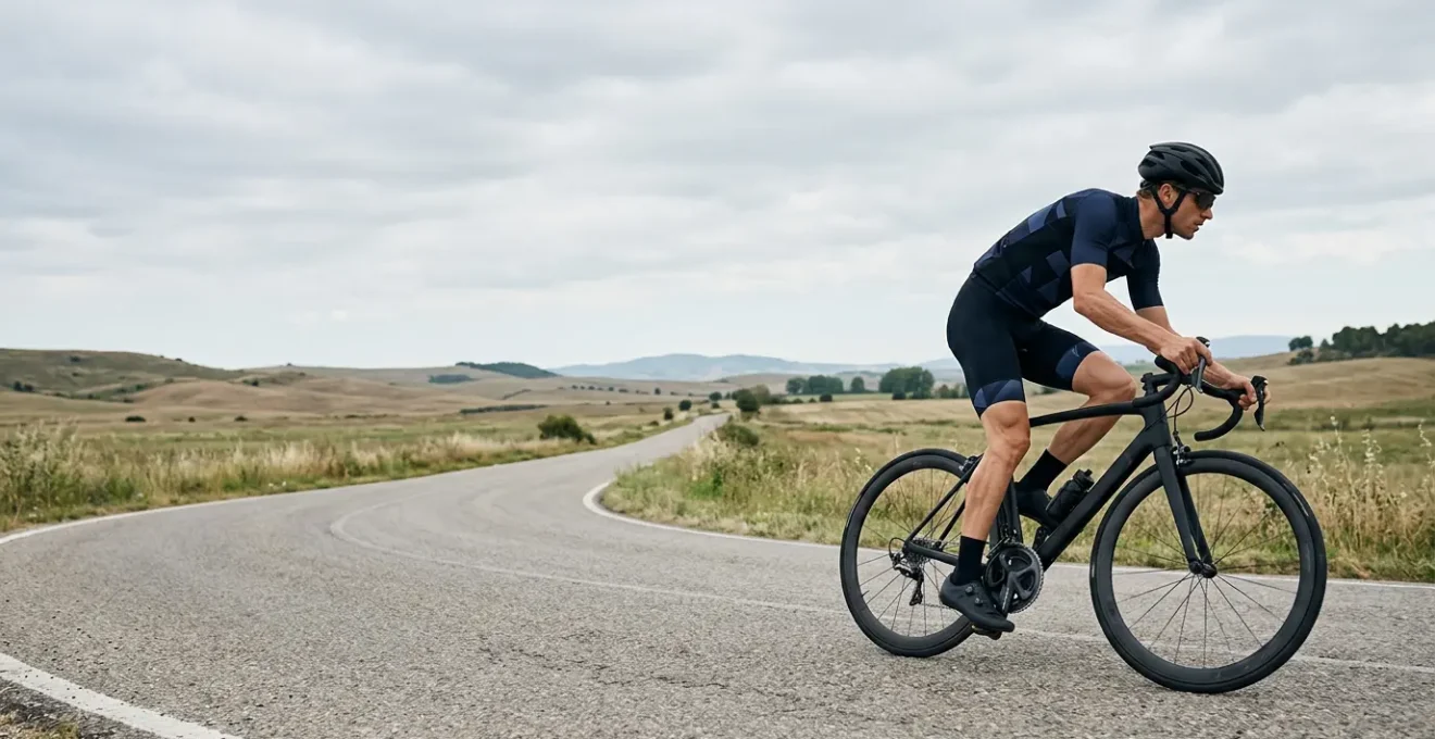 Cycliste professionnel en action sur route avec focus sur la biomécanique du mouvement de pédalage