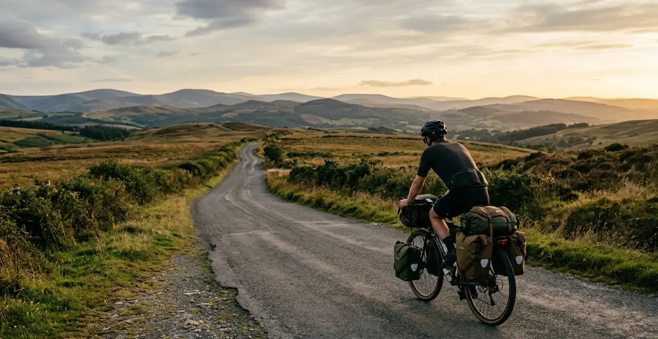 Cycliste solitaire sur une route de campagne avec horizon dégagé et lumière naturelle