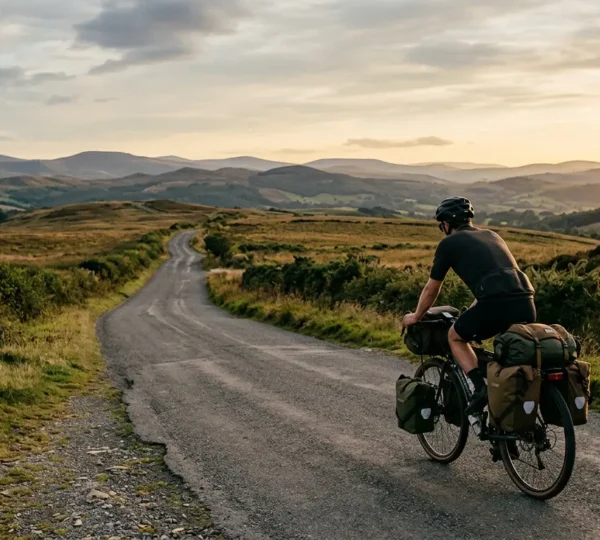 Cycliste solitaire sur une route de campagne avec horizon dégagé et lumière naturelle