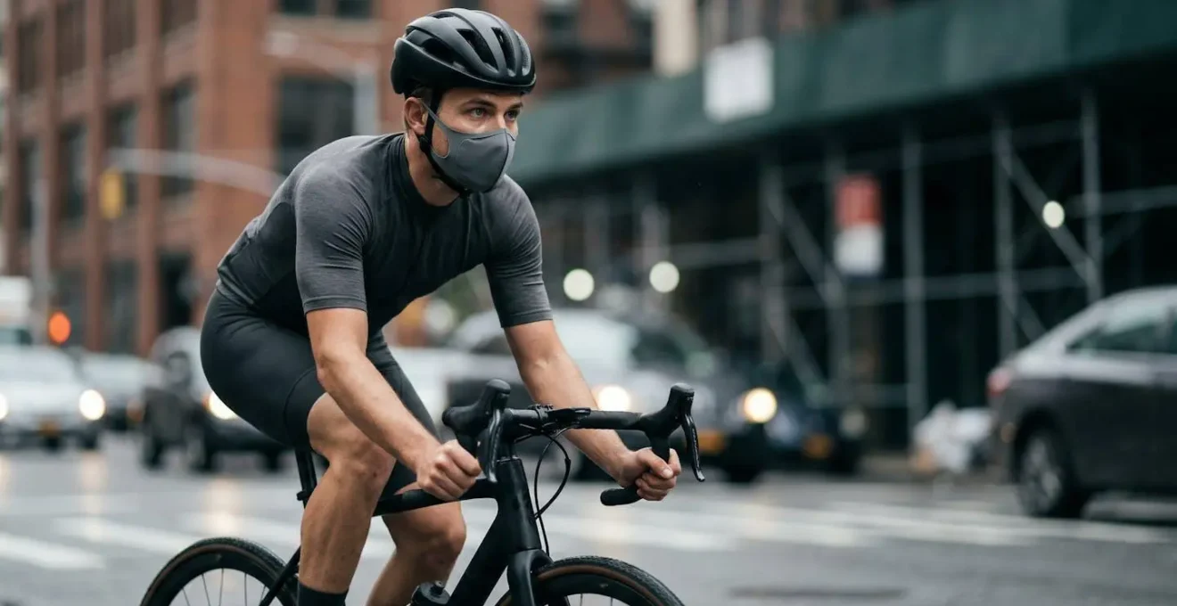 Cycliste urbain roulant dans une rue avec un masque de protection contre la pollution de l'air