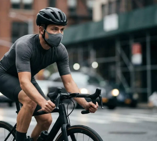 Cycliste urbain roulant dans une rue avec un masque de protection contre la pollution de l'air