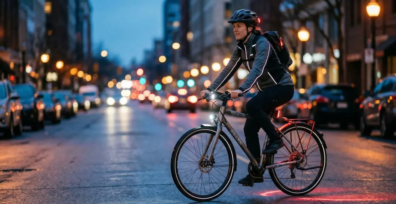 Cycliste équipé d'éclairages multiples roulant de nuit en ville avec visibilité optimale