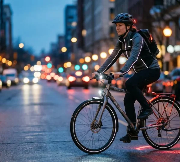 Cycliste équipé d'éclairages multiples roulant de nuit en ville avec visibilité optimale