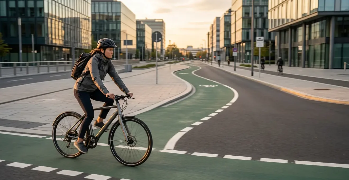 Cycliste urbain en mouvement fluide naviguant dans une ville dense pendant l'heure de pointe