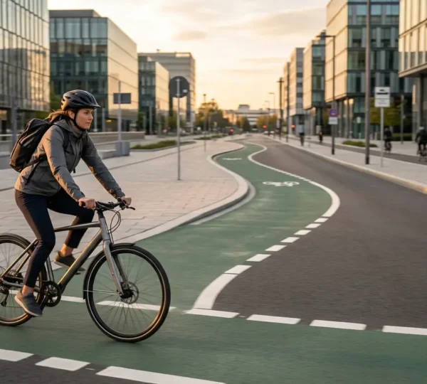 Cycliste urbain en mouvement fluide naviguant dans une ville dense pendant l'heure de pointe