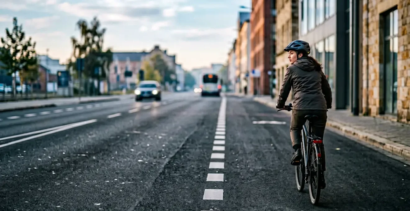 Cycliste en milieu urbain adoptant une posture vigilante pour maximiser son champ visuel et sa sécurité