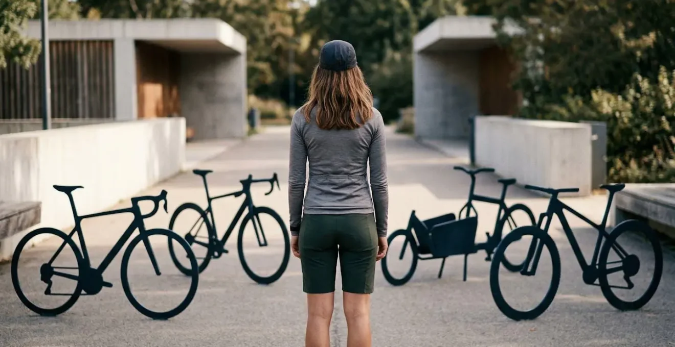 Cycliste réfléchi observant différents types de vélos dans un environnement urbain moderne