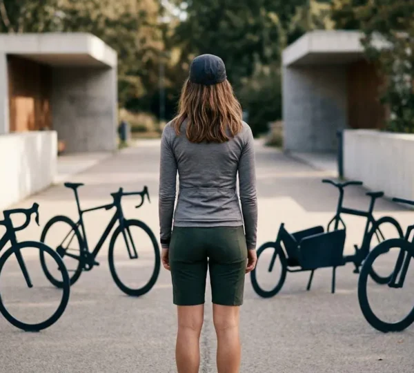 Cycliste réfléchi observant différents types de vélos dans un environnement urbain moderne