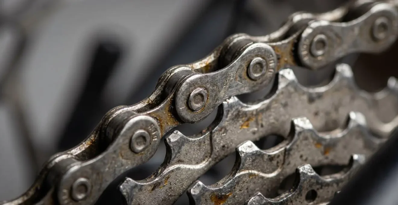 Gros plan macro sur une chaîne de vélo usée montrant l'étirement des maillons et l'usure des dents de pignon