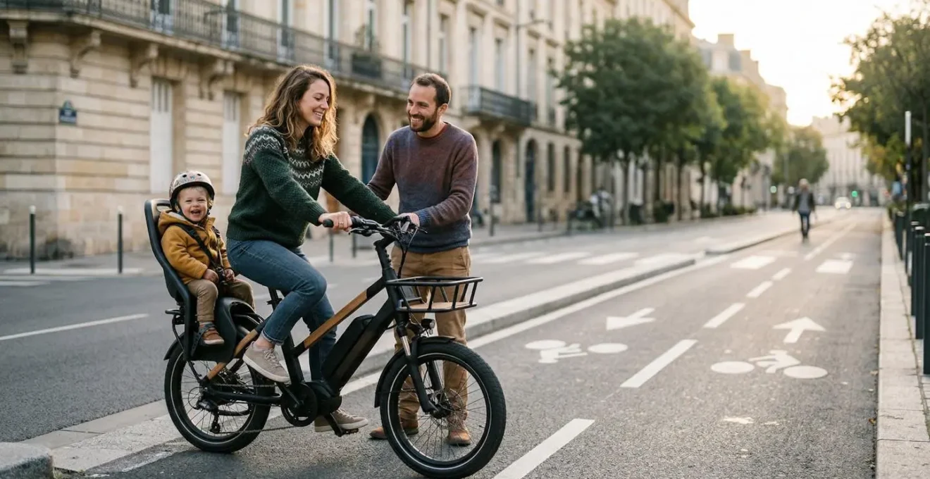 Famille française utilisant un vélo cargo pour les déplacements quotidiens en ville
