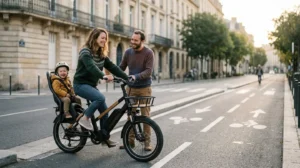 Famille française utilisant un vélo cargo pour les déplacements quotidiens en ville
