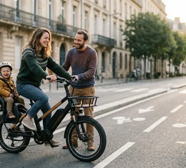 Famille française utilisant un vélo cargo pour les déplacements quotidiens en ville