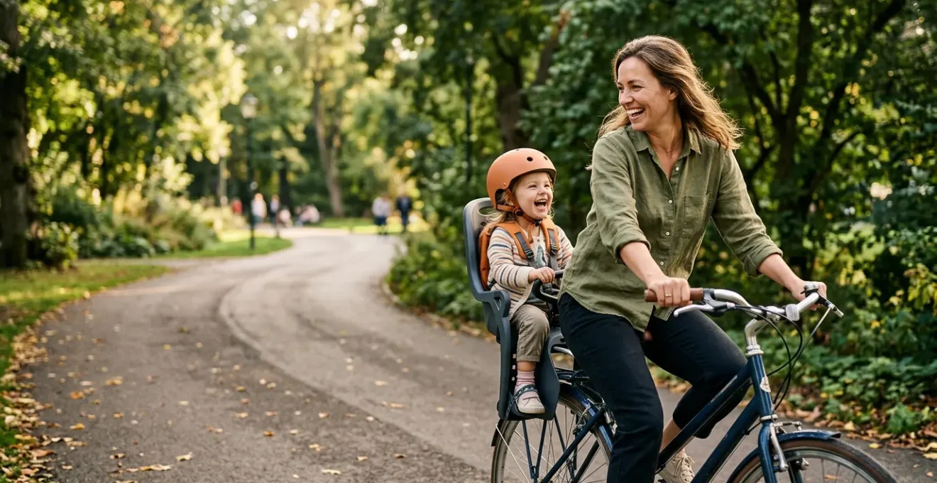 Famille à vélo profitant d'une sortie en ville sur vélo tout chemin