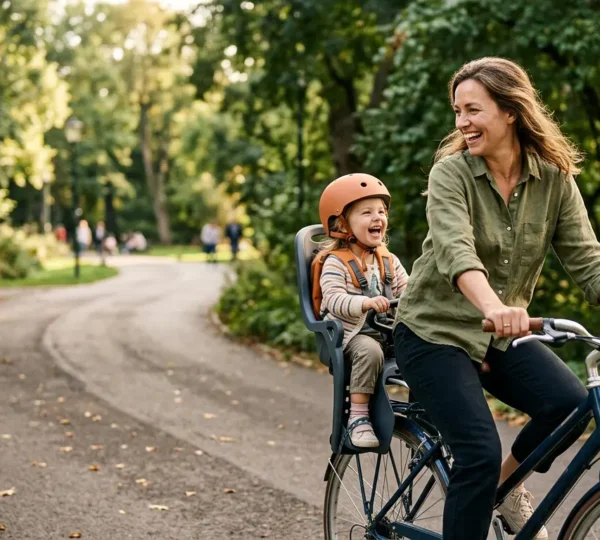 Famille à vélo profitant d'une sortie en ville sur vélo tout chemin