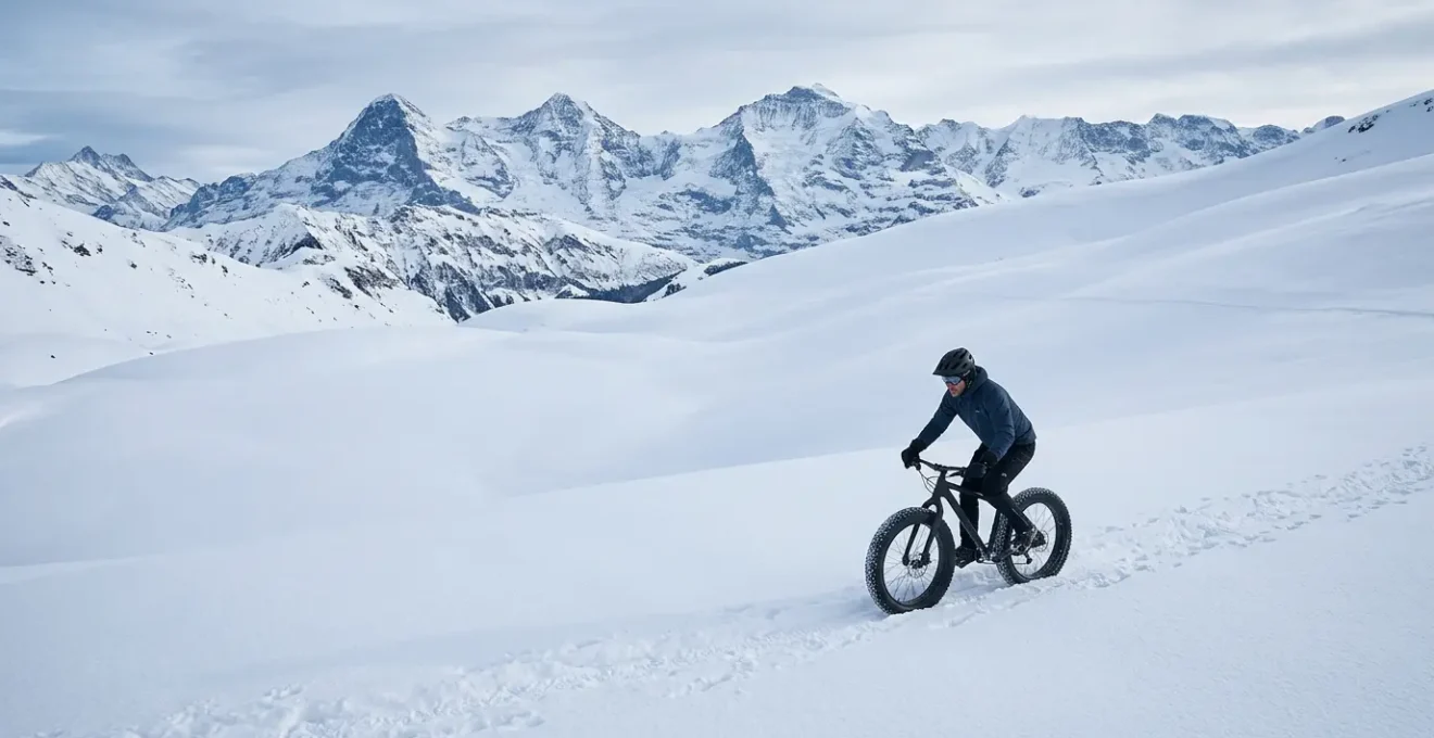 Fatbike sur terrain enneigé avec pneus larges en action