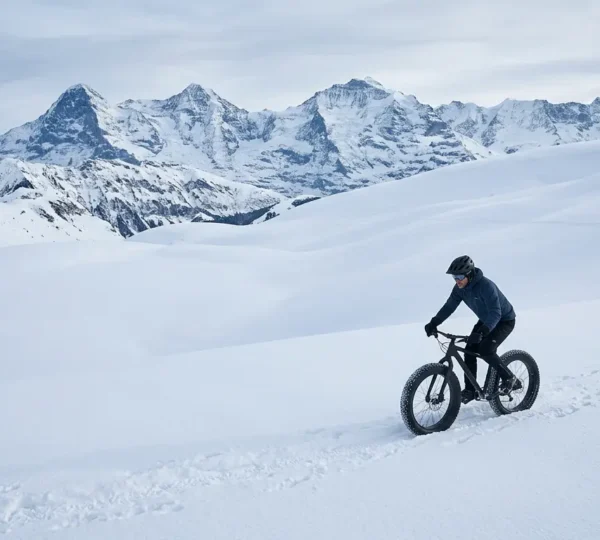 Fatbike sur terrain enneigé avec pneus larges en action