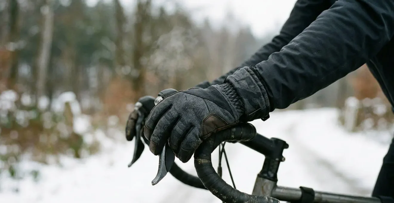 Cycliste portant des gants d'hiver techniques par temps glacial pour maintenir dextérité et chaleur