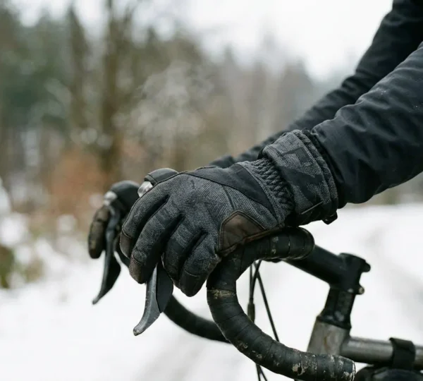 Cycliste portant des gants d'hiver techniques par temps glacial pour maintenir dextérité et chaleur
