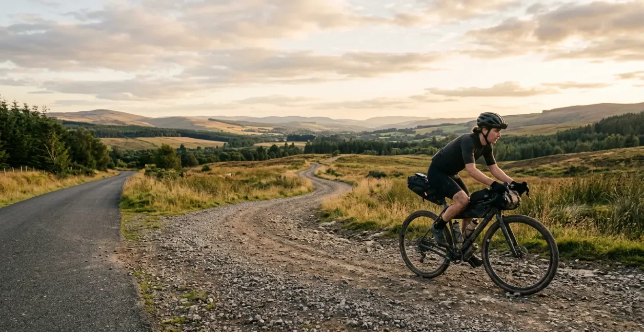 Cycliste naviguant sur un vélo gravel entre routes et chemins dans un paysage naturel