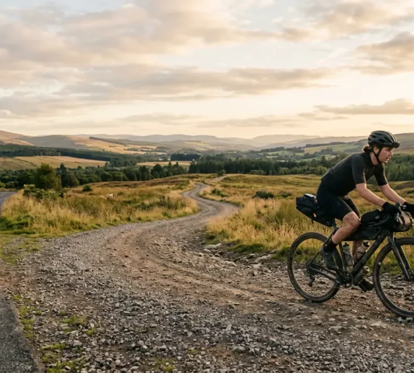 Cycliste naviguant sur un vélo gravel entre routes et chemins dans un paysage naturel