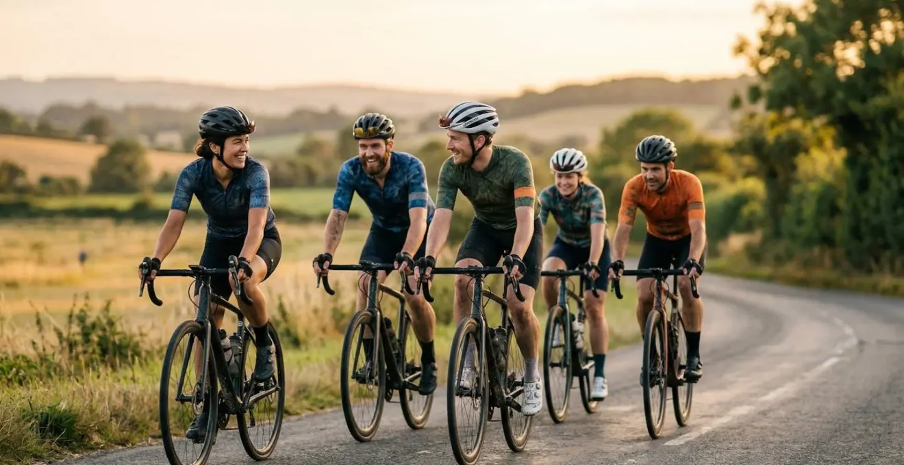 Groupe de cyclistes roulant ensemble sur une route de montagne