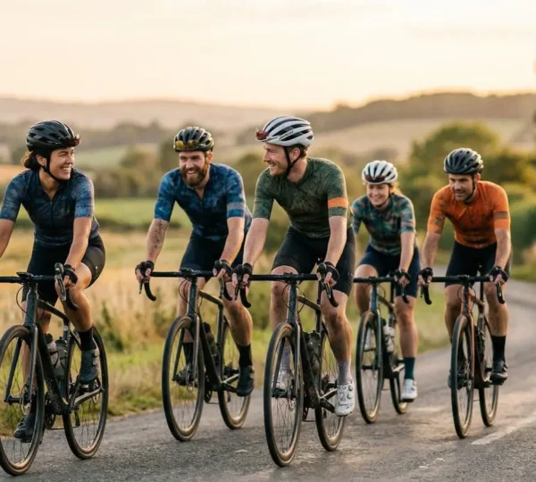 Groupe de cyclistes roulant ensemble sur une route de montagne