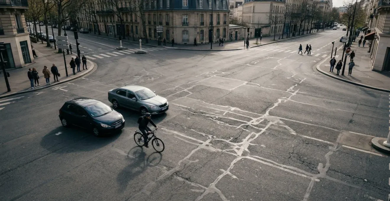 Cycliste en mouvement dans un environnement urbain partageant la route avec d'autres usagers