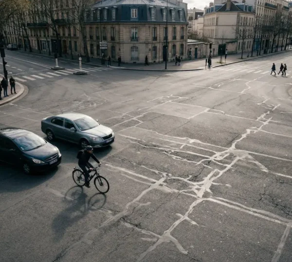 Cycliste en mouvement dans un environnement urbain partageant la route avec d'autres usagers